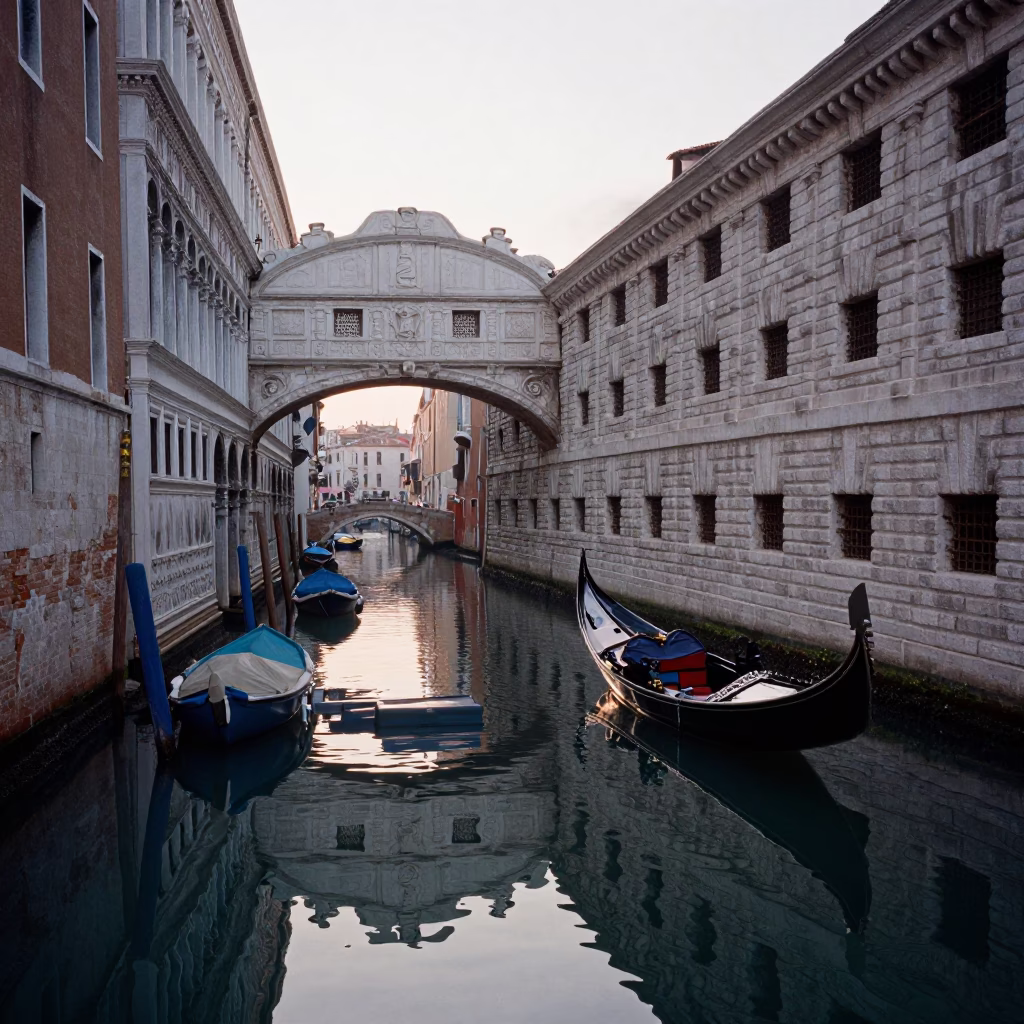 Early Morning Venice Canal Reflections Before Sunrise with Moored Gondola in in Venice, Italy