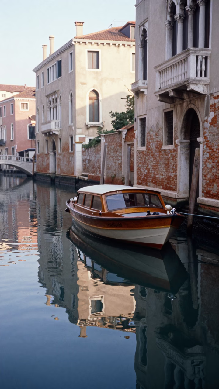 Early Morning Venice Canal Reflections with Moored Wooden Boat and Stone Bridge Architecture in in Venice, Italy
