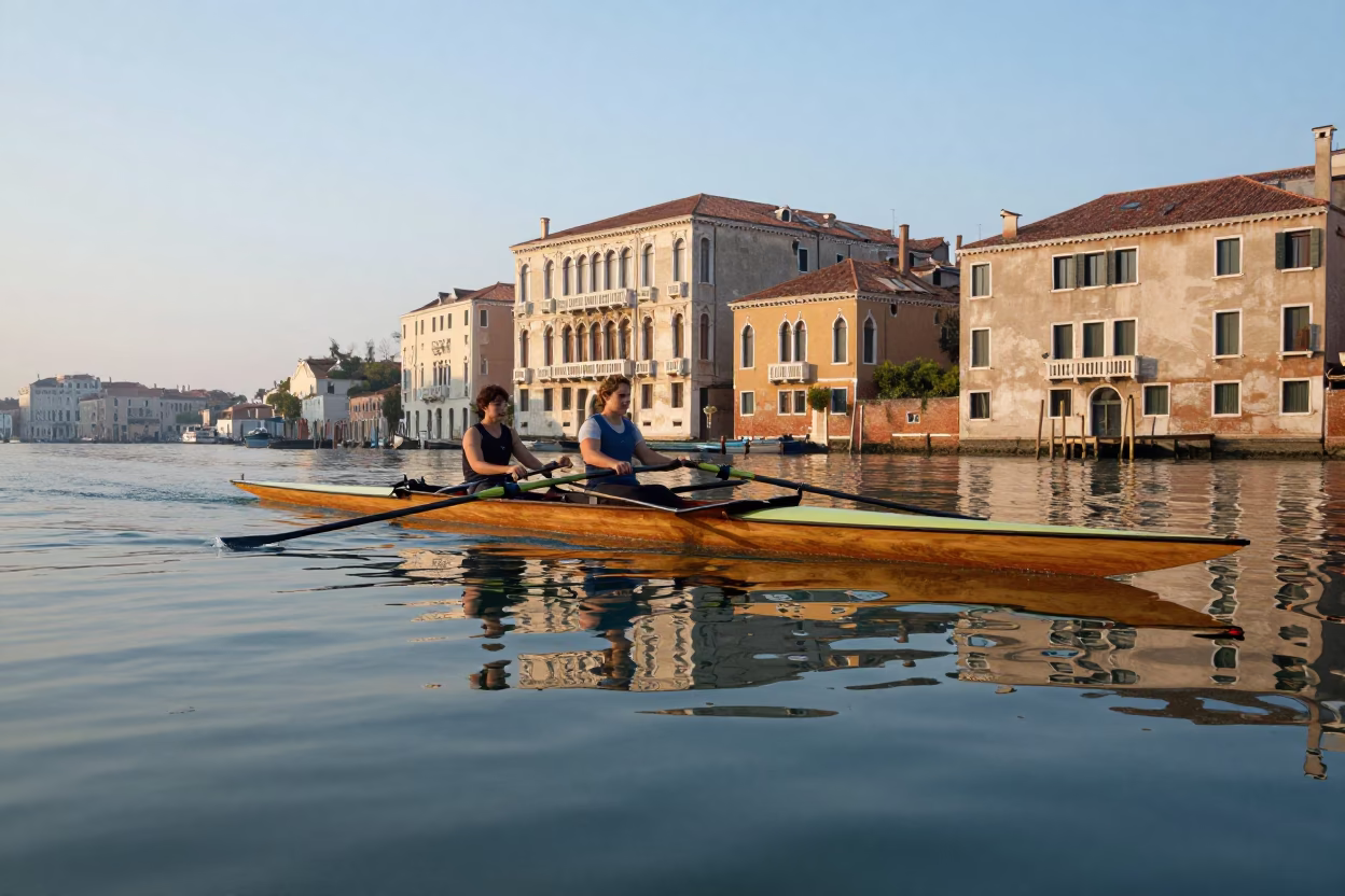 Early Morning Venice Canal Rowing Shell on Flat Water at Dawn in in Venice, Italy