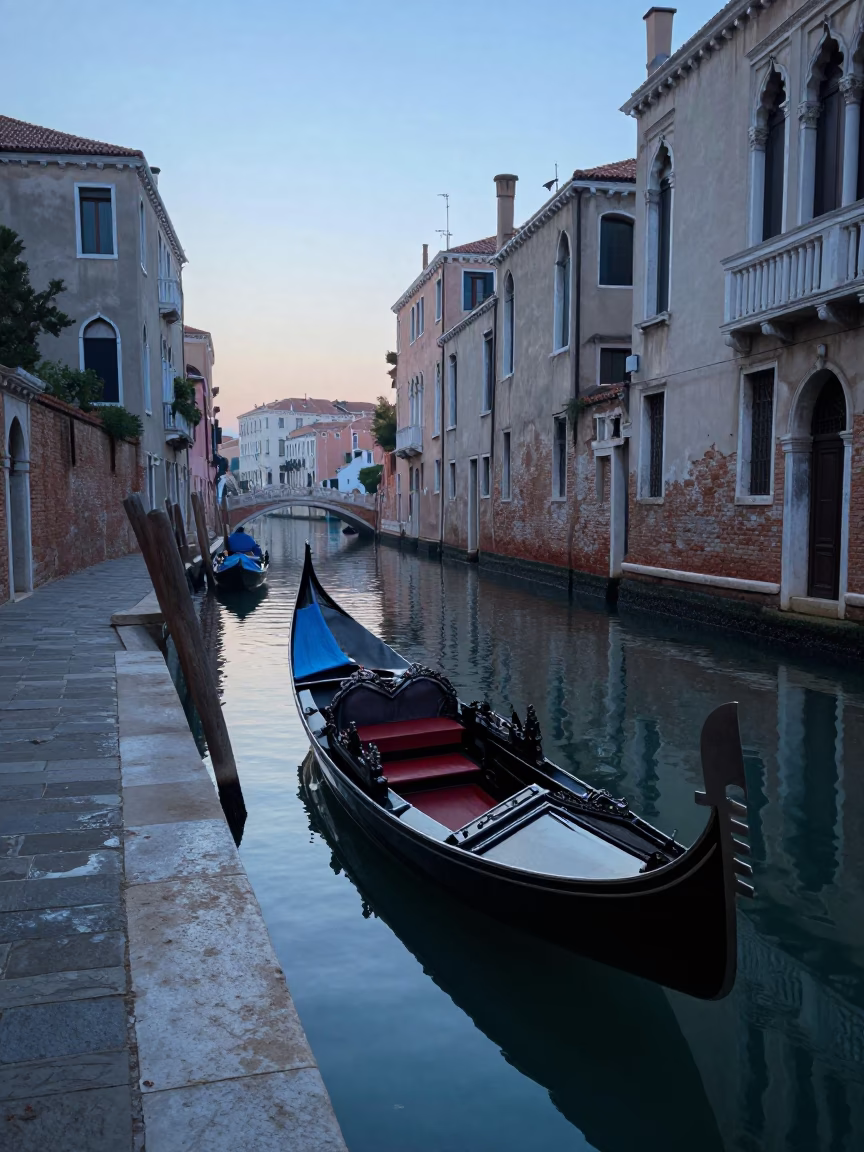 Early Morning Venice Canal Scene Before Sunrise with Moored Gondola and Brick Facades in in Venice, Italy