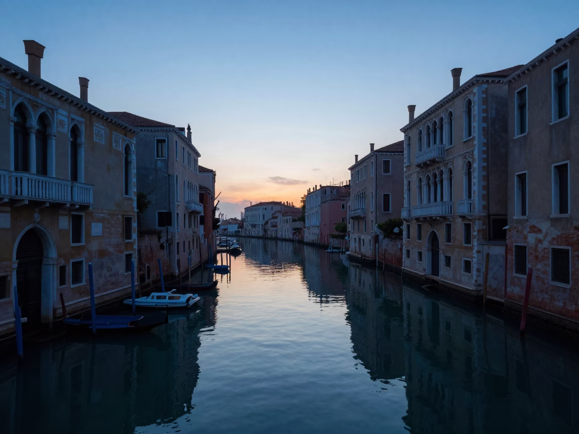 Early Morning Venice Canal Scene Before Sunrise with Reflections in in Venice, Italy