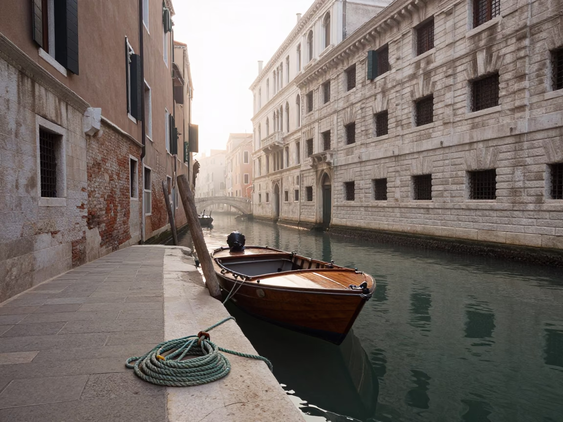 Early Morning Venice Canal Scene with Coiled Rope and Historic Stone Architecture in in Venice, Italy