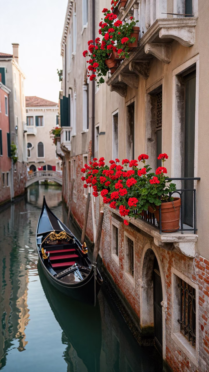 Early Morning Venice Canal Scene with Geraniums and Traditional Gondola in in Venice, Italy