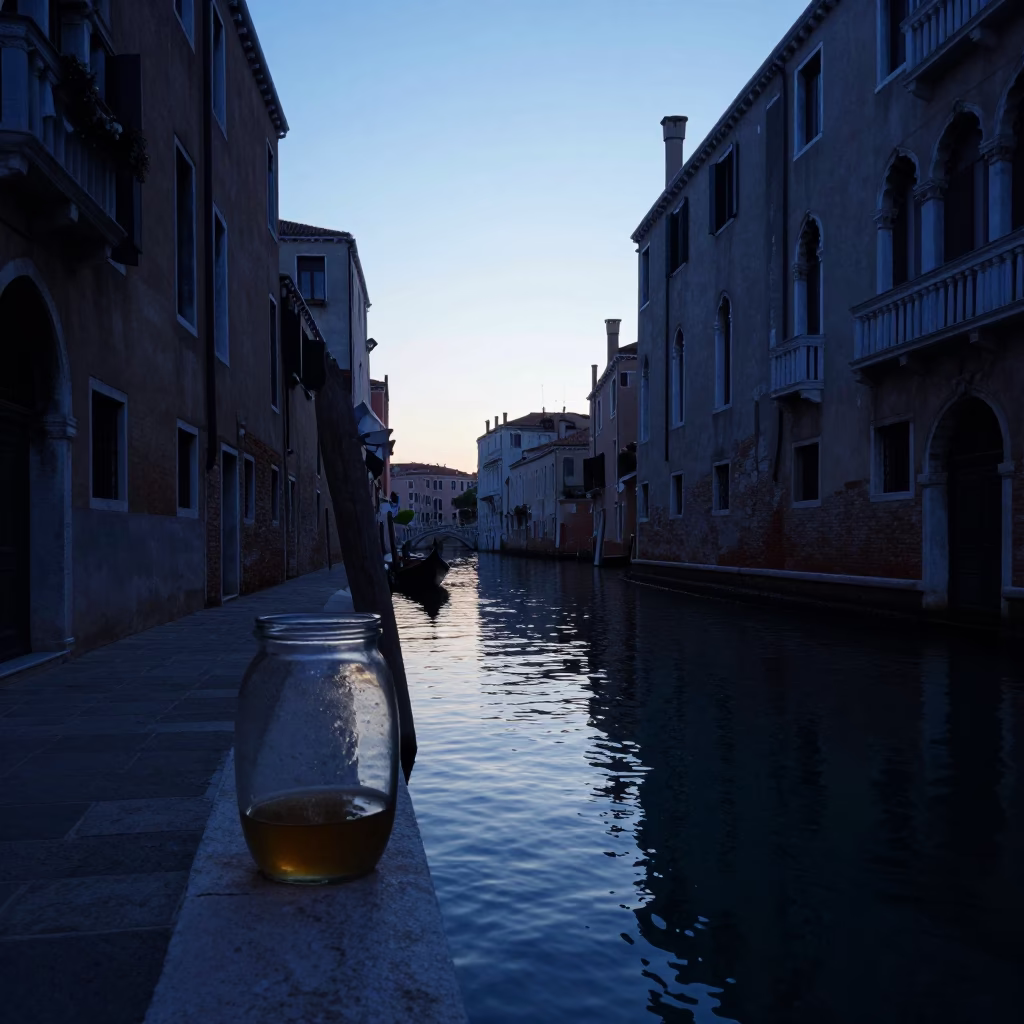Early Morning Venice Canal Scene With Glass Jar and Linen Fringe Before Sunrise in in Venice, Italy