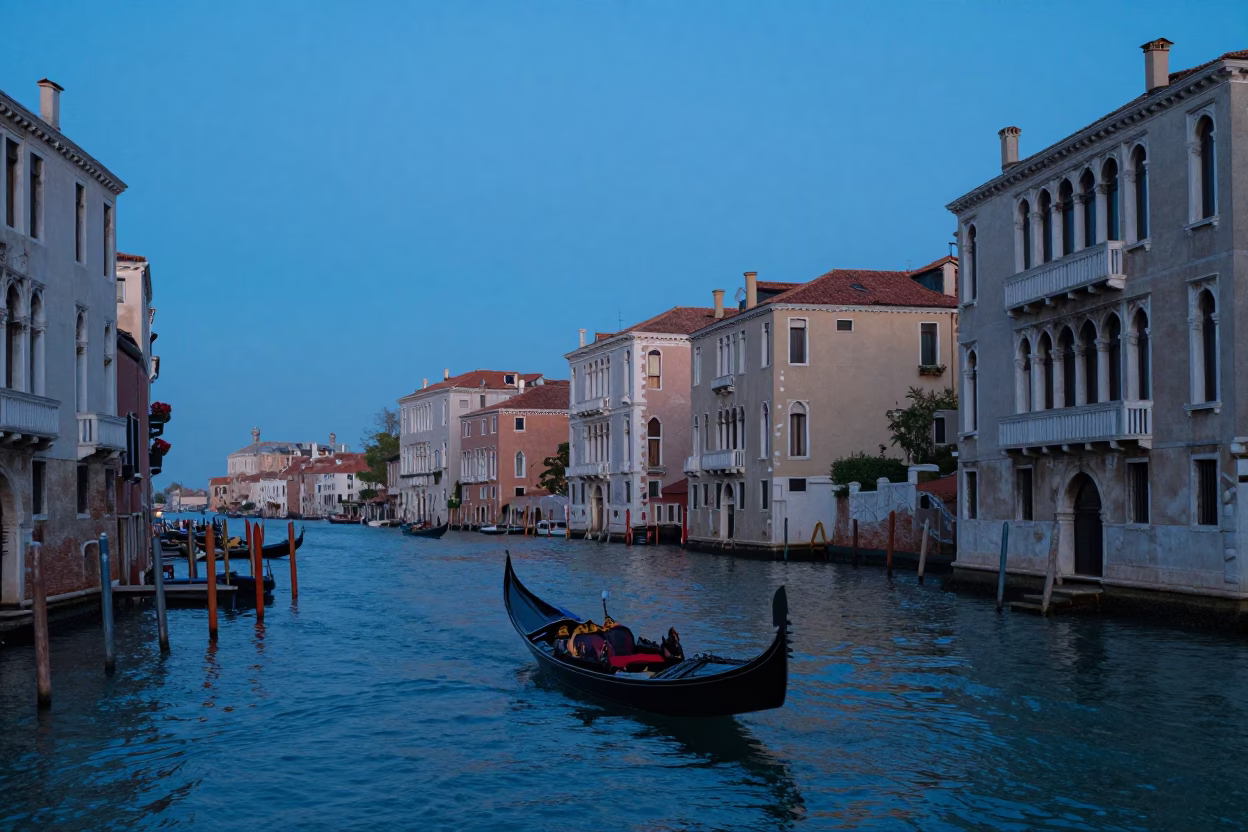 Early Morning Venice Canal Scene with Gondola and Blue Hour Sky in in Venice, Italy