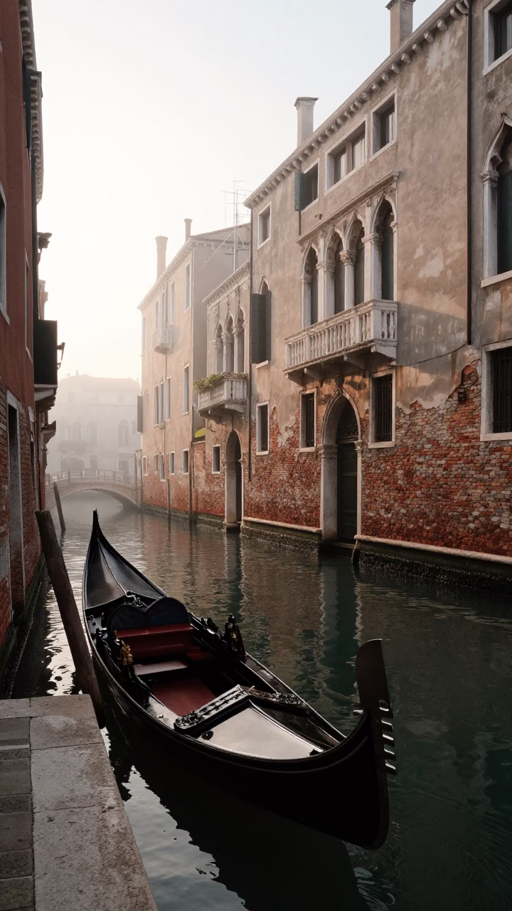 Early Morning Venice Canal Scene with Gondola and Brick Architecture in in Venice, Italy