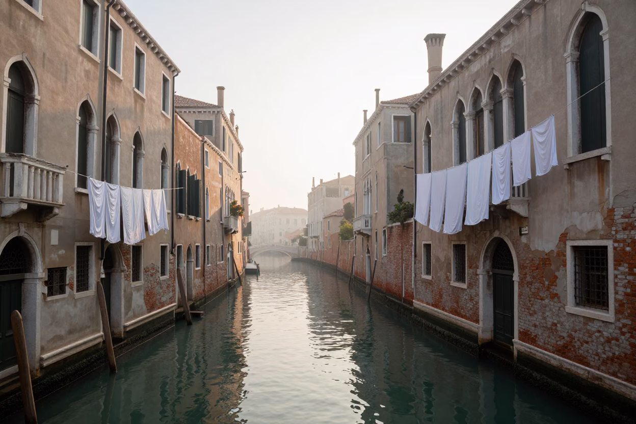Early Morning Venice Canal Scene with Laundry and Woven Mats in in Venice, Italy