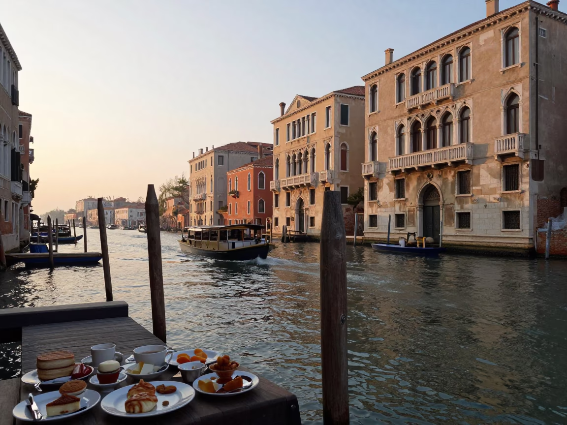 Early Morning Venice Canal Scene with Local Breakfast Items and Historic Architecture in in Venice, Italy