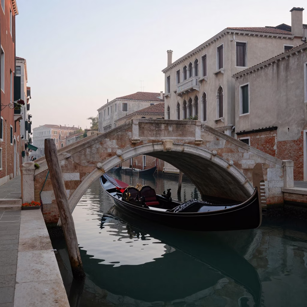 Early Morning Venice Canal Scene with Stone Bridge and Traditional Gondola in in Venice, Italy