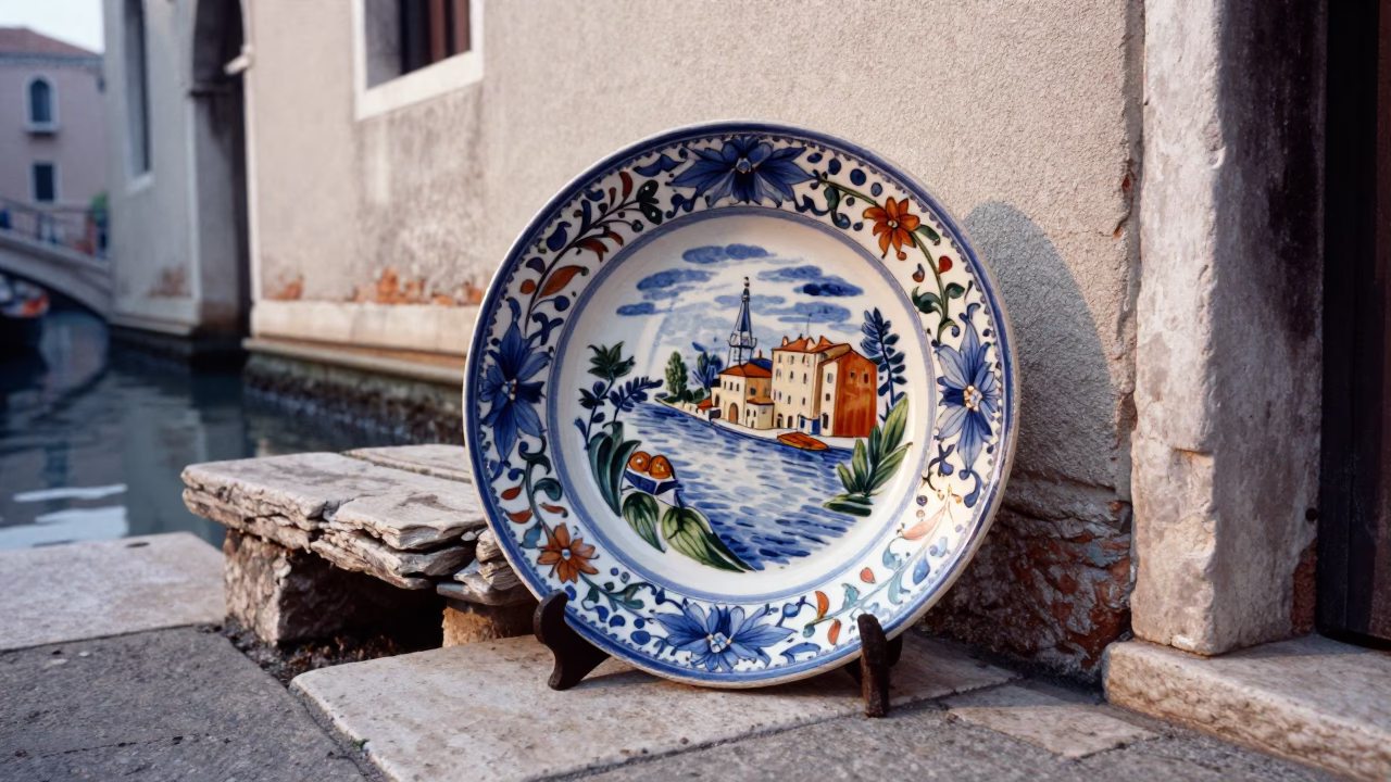 Early Morning Venice Canal Scene with Vintage Majolica Plate on Stone Bench in in Venice, Italy
