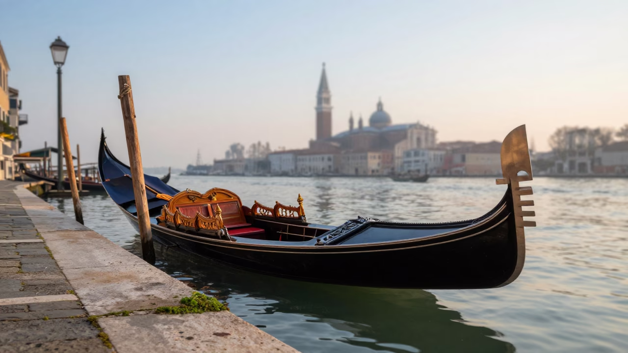 Early Morning Venice Canal Scene with Wooden Gondola and Stone Architecture in in Venice, Italy