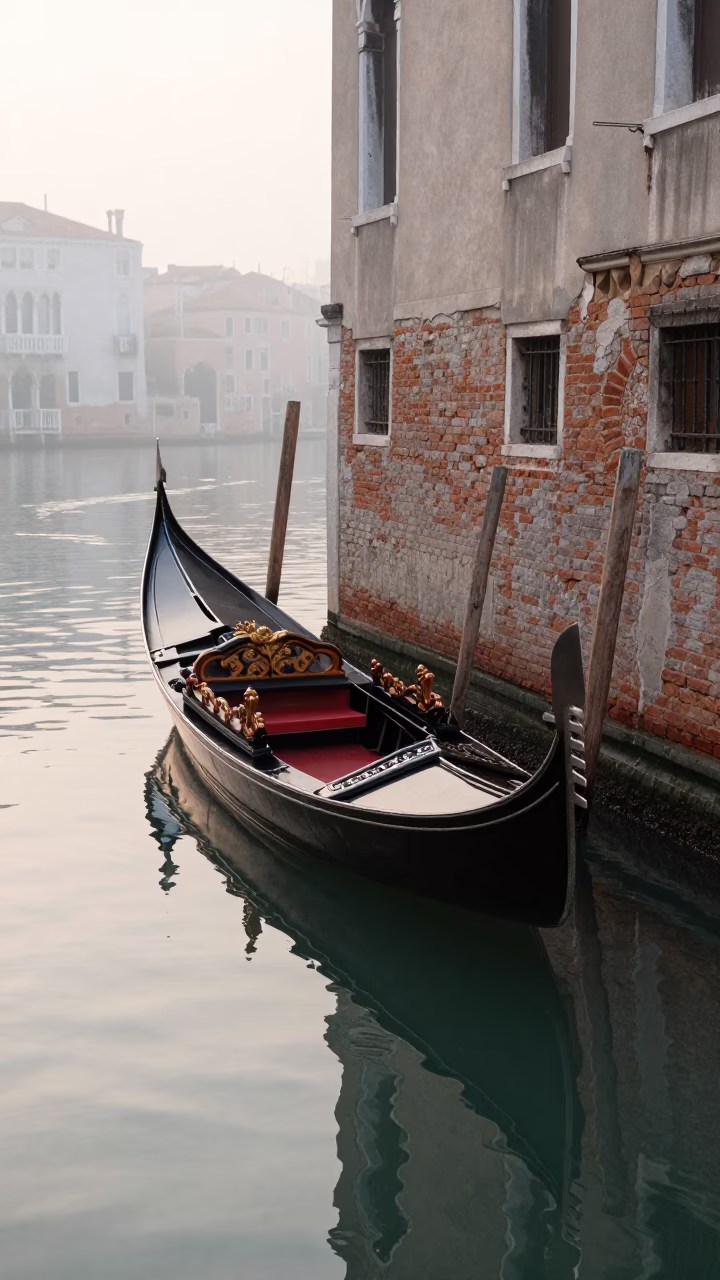 Early Morning Venice Canal Scene with Wooden Gondola and Stone Bridge in in Venice, Italy