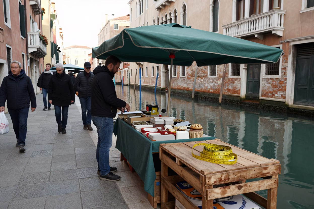 Early Morning Venice Canal Side Market Stall with Measuring Tape and Local Produce in in Venice, Italy