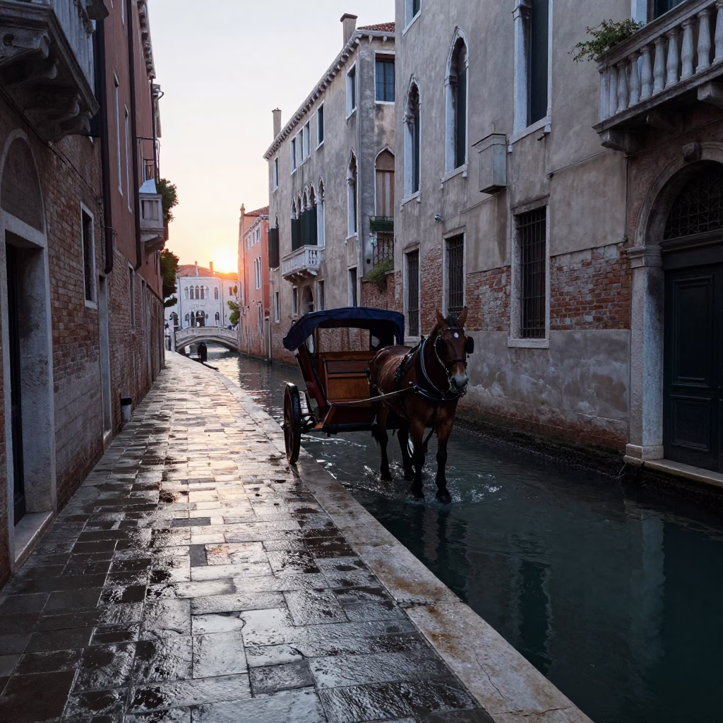 Early Morning Venice Canal Side Street with Cobblestones and Local Commerce in in Venice, Italy