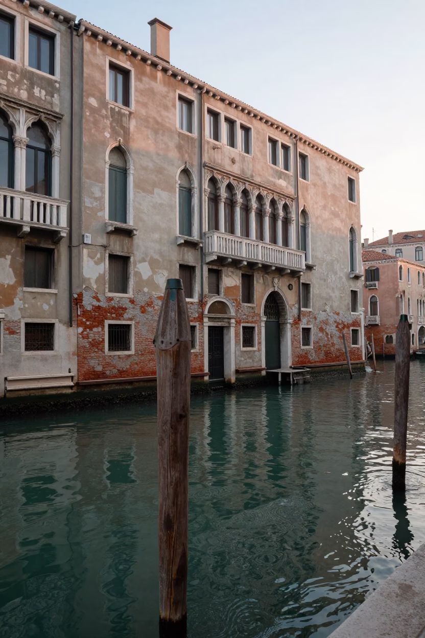 Early Morning Venice Canal Waterfront with Weathered Building Facade and Local Details in in Venice, Italy
