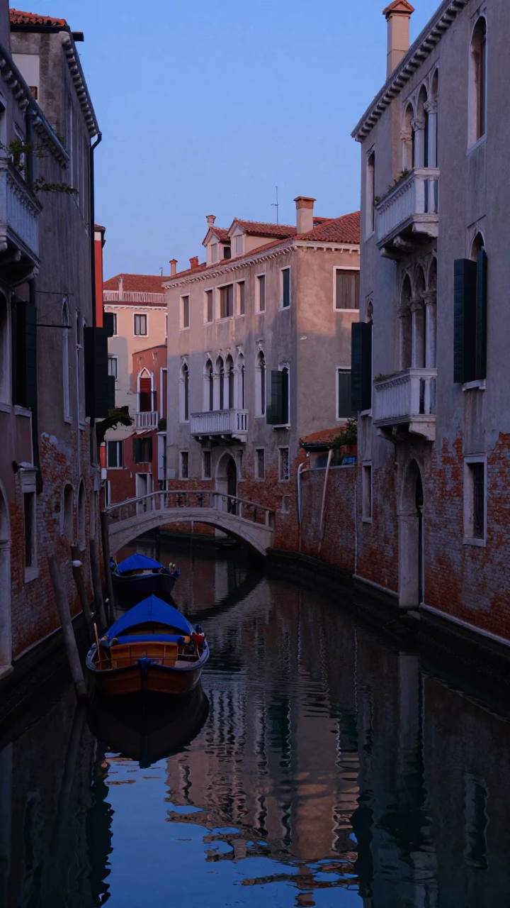 Early Morning Venice Canals and Traditional Wooden Boats Before Dawn in in Venice, Italy