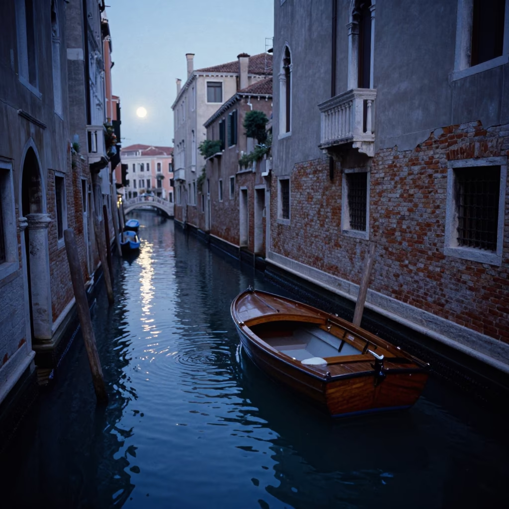 Early Morning Venice Canals Before Sunrise with Water Rings on Countertop in in Venice, Italy