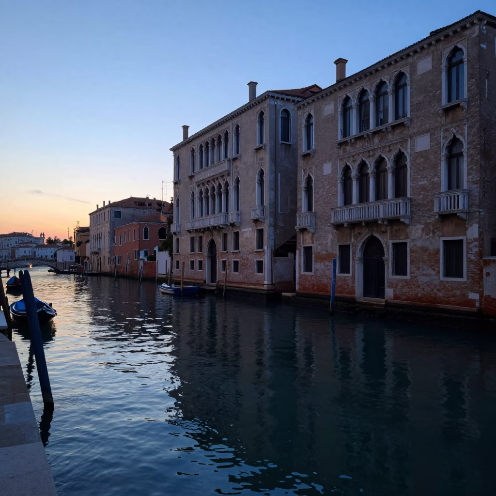 Early Morning Venice Canalside Scene Before Sunrise with Local Life in in Venice, Italy