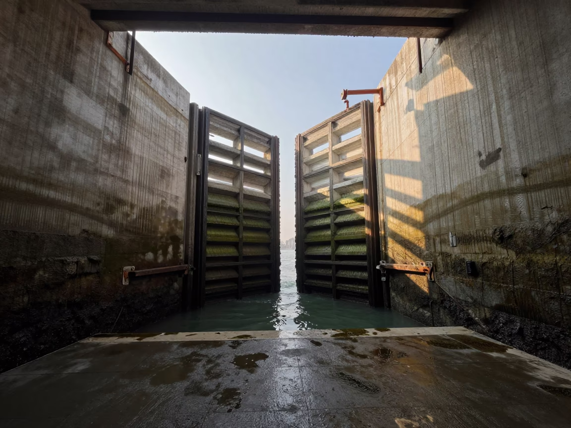 Early Morning Venice Floodgate Chamber Algae Streaks First Light in in Venice, Italy