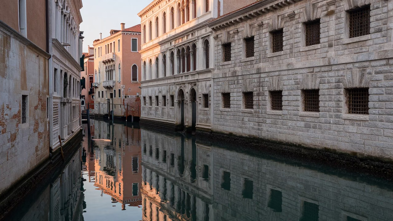 Early Morning Venice Italy Canal Reflections and Stone Architecture in in Venice, Italy