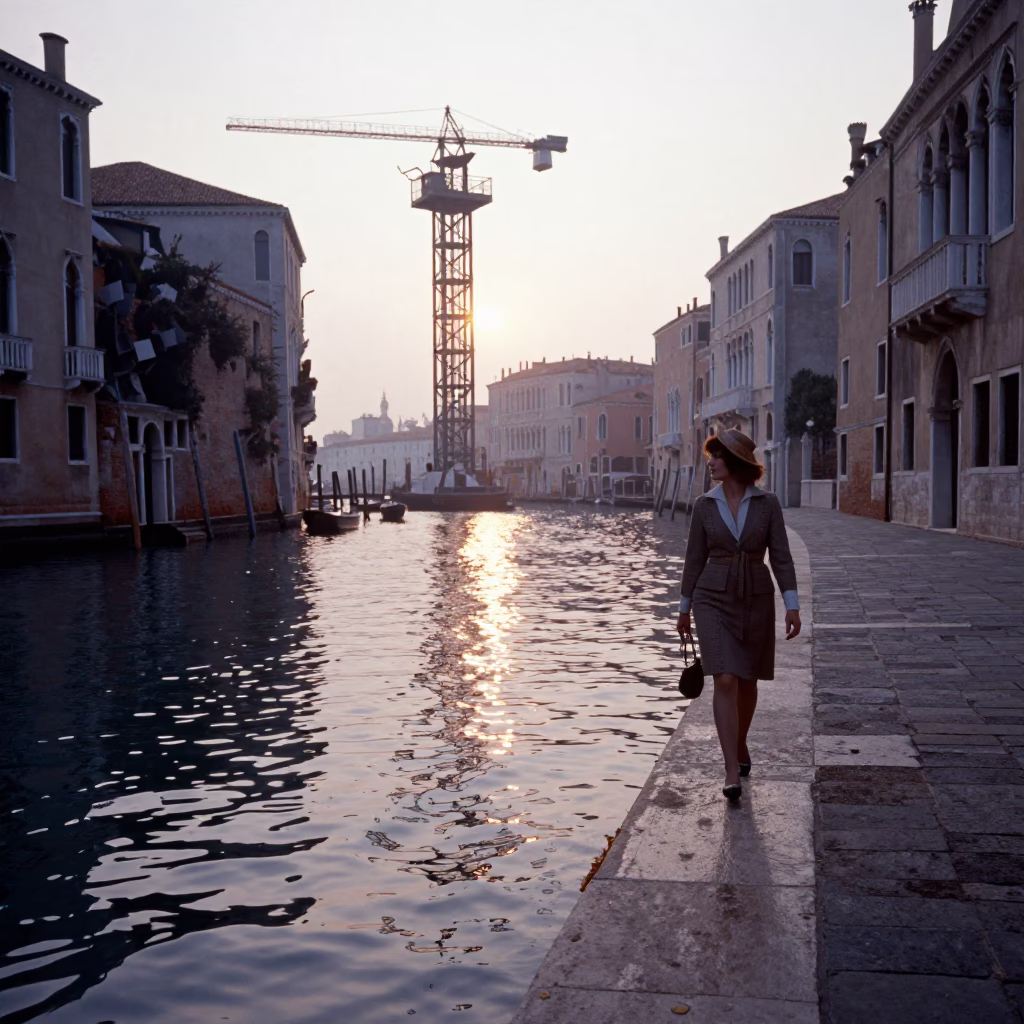 Early Morning Venice Italy Canal Reflections with Construction Elevator and Rusted Drawbridge Elements in in Venice, Italy