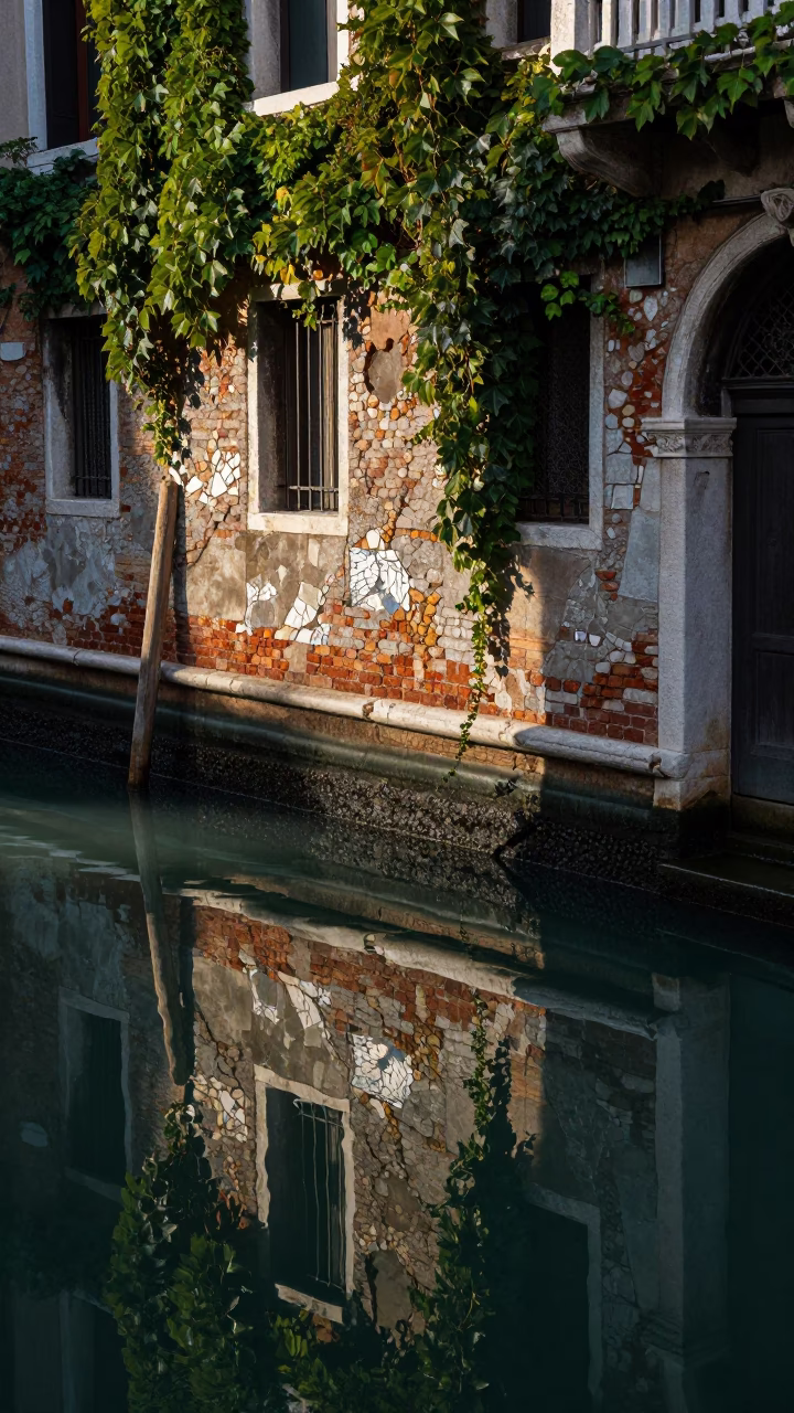 Early Morning Venice Italy Canal Reflections with Mosaic Tile Fragments and Ivy Vines in in Venice, Italy