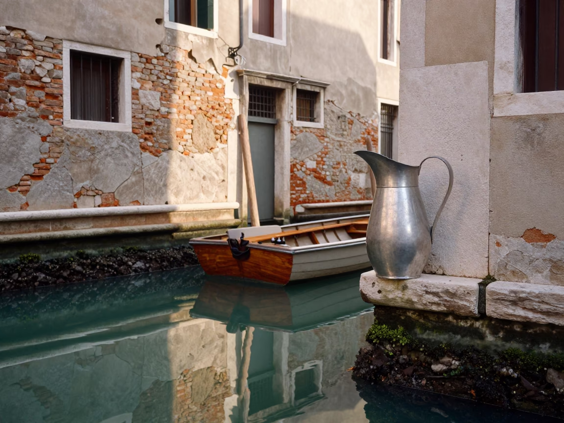 Early Morning Venice Italy Canal Scene with Brushed Steel Pitcher and Stone Architecture in in Venice, Italy