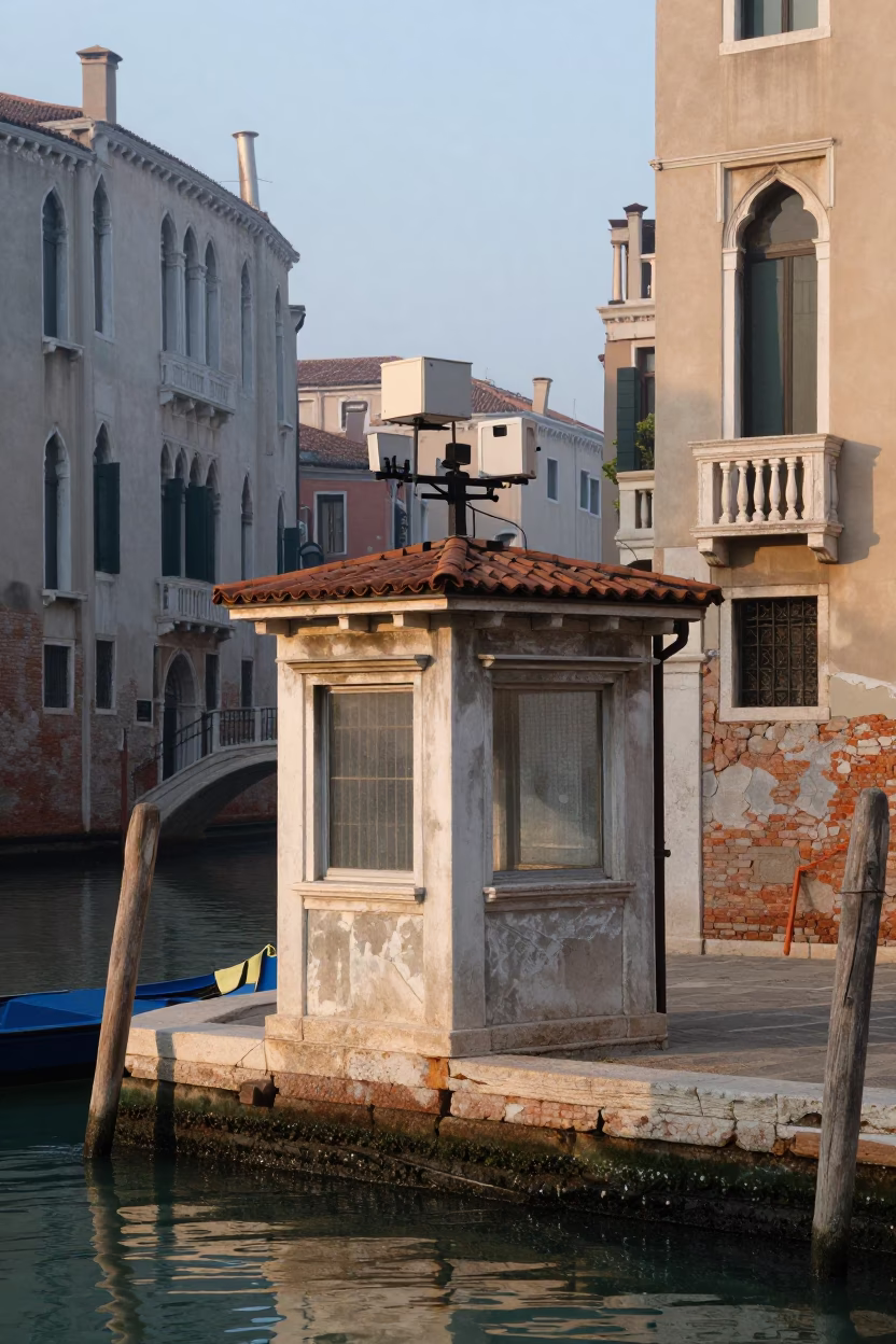 Early Morning Venice Italy Canals and Weather Station with Worn Varnish in in Venice, Italy