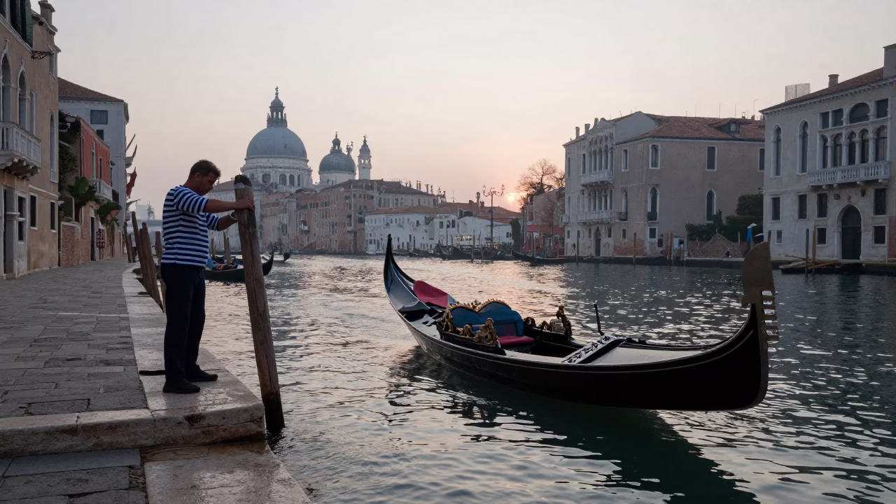 Early Morning Venice Italy Canalside Scene with Gondola Worker and Stone Architecture Before Sunrise in in Venice, Italy