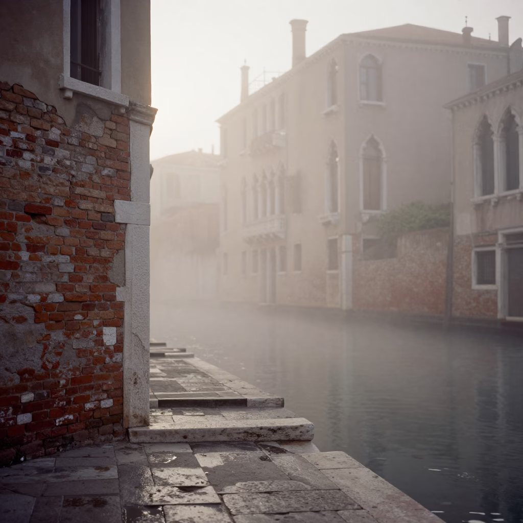 Early Morning Venice Italy Steam Haze Above Ancient Stone Walls Along Quiet Canal in in Venice, Italy