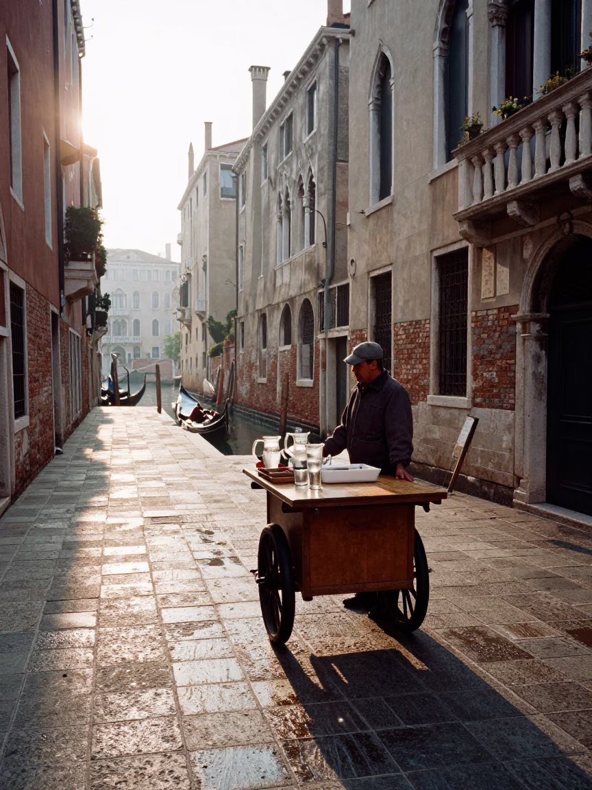 Early Morning Venice Street Scene with Glass Pitcher and Local Interaction in in Venice, Italy