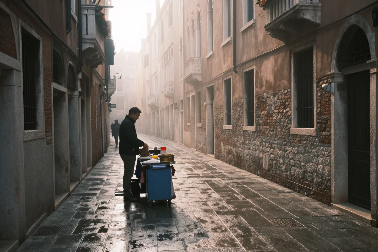 Early Morning Venice Street Scene with Local Vendor and Paperbacks in in Venice, Italy