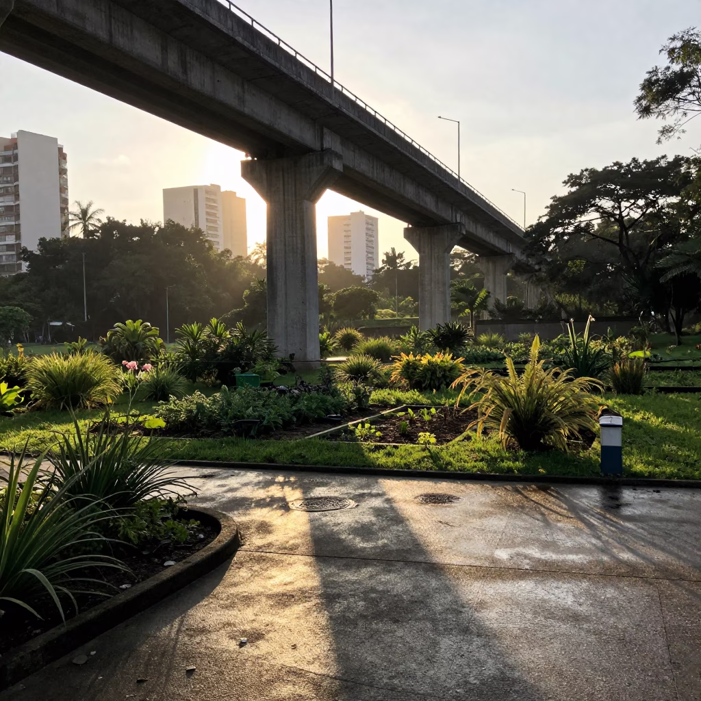 Early Morning Viaduct Shadow on São Paulo Allotment Gardens After Rain in in São Paulo, Brazil