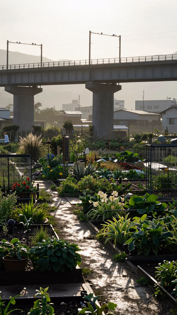 Early Morning Viaduct Shadows Over Fukuoka Allotment Gardens After Rain in in Fukuoka, Japan