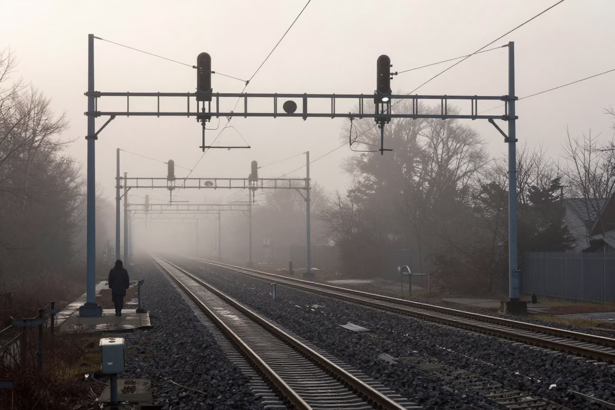 Early Morning Vienna Austria Signal Gantry Above Parallel Rail Lines in Mist in in Vienna, Austria