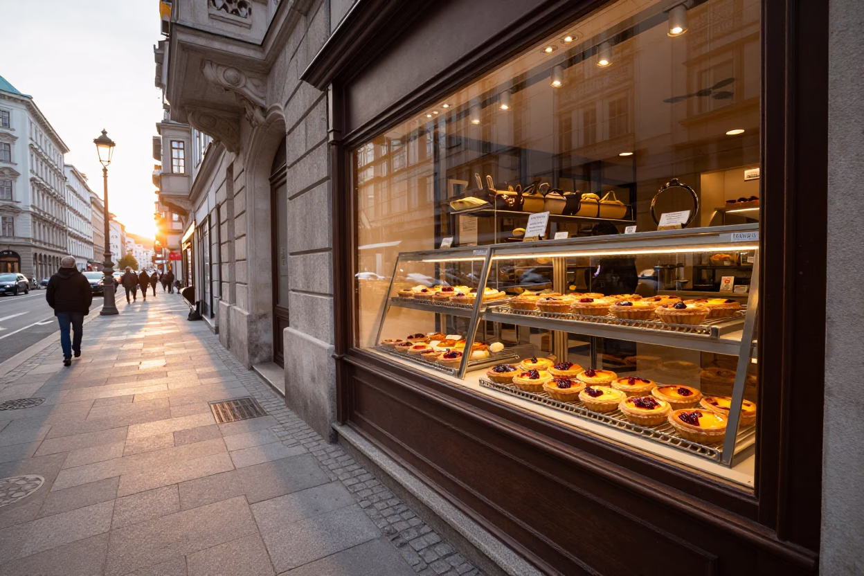 Early Morning Vienna Austria Street Scene with Bakery Display and Pedestrians at First Light in in Vienna, Austria