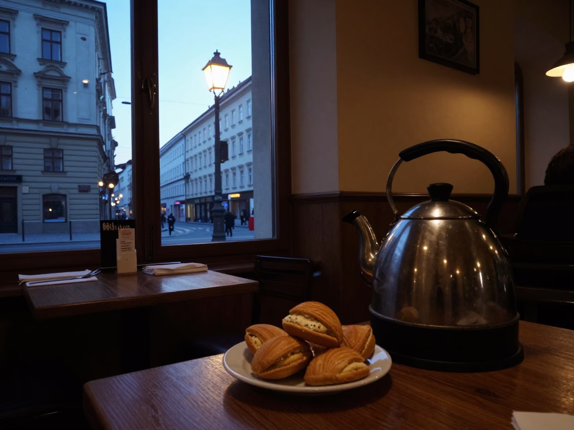 Early Morning Vienna Cafe Interior with Biscuit Tin and Electric Kettle in in Vienna, Austria