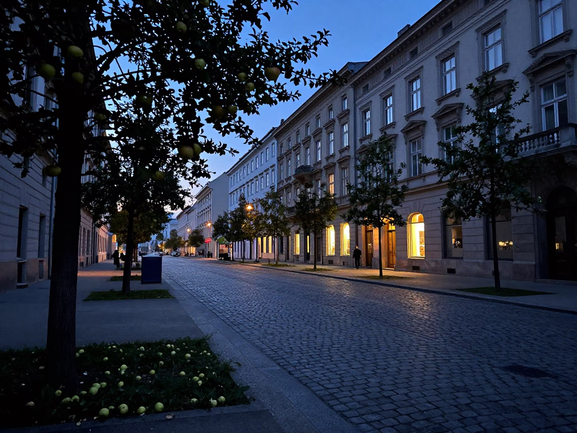 Early Morning Vienna Street Scene Before Sunrise with Apples and Caster Wheel in in Vienna, Austria
