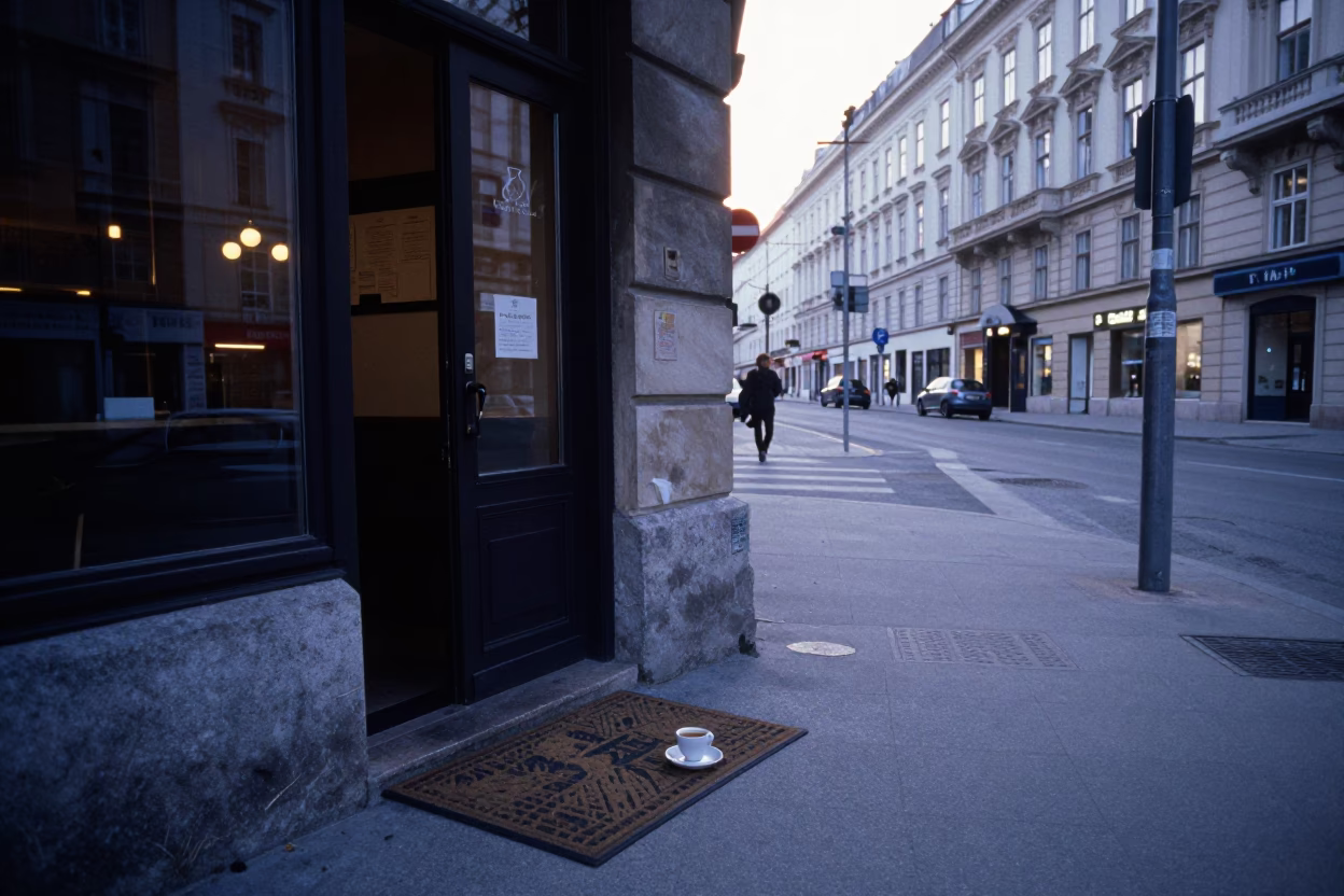 Early Morning Vienna Street Scene Before Sunrise with Coffee Cup and Door Mats in in Vienna, Austria