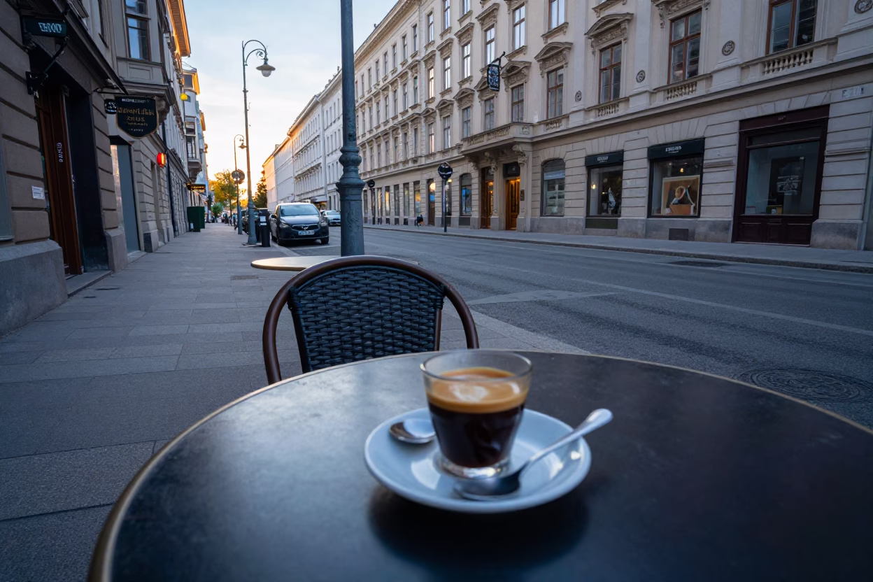 Early Morning Vienna Street Scene with Artisan Coffee and Local Bakery Details in in Vienna, Austria