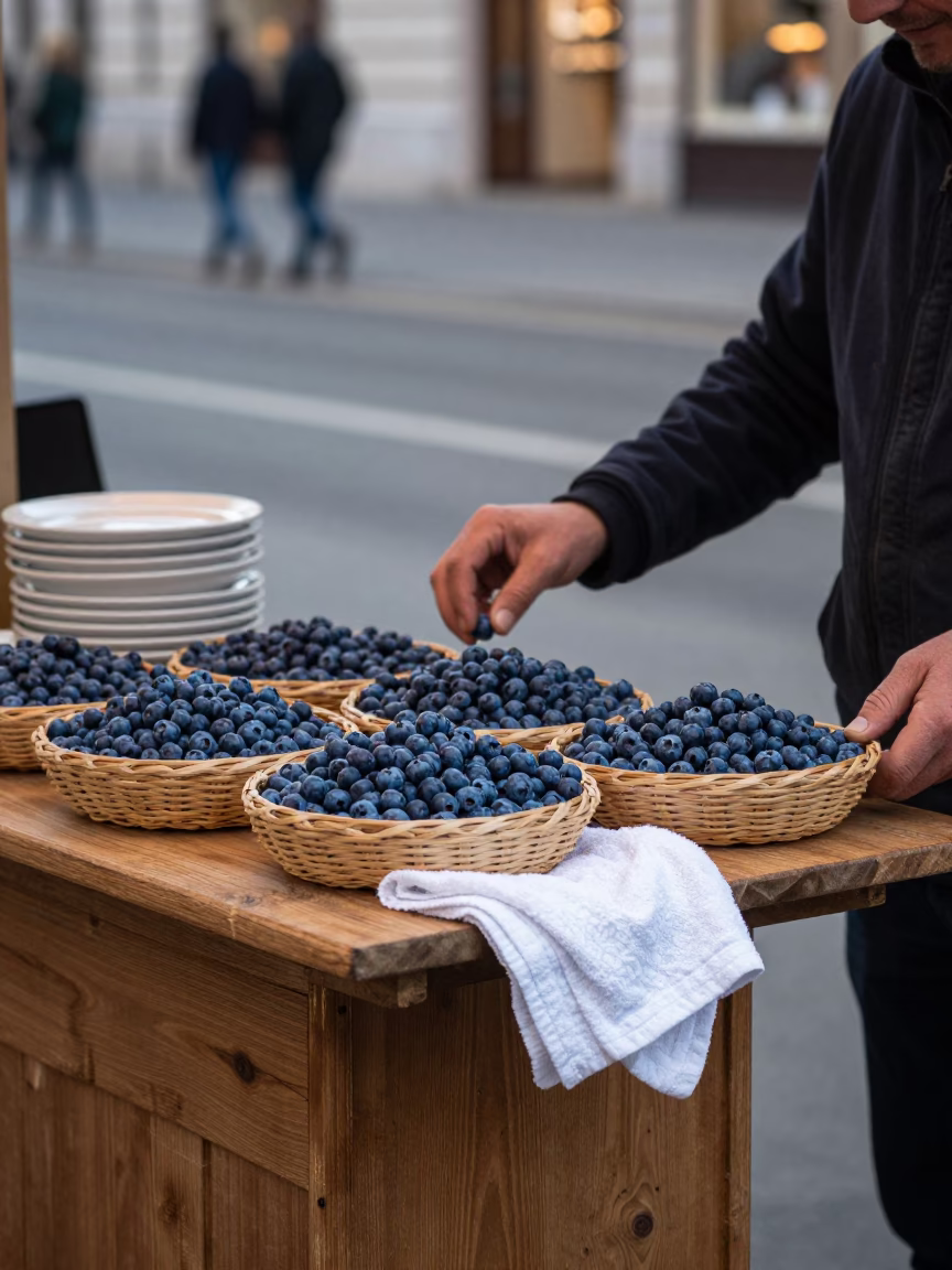 Early Morning Vienna Street Scene with Blueberries and Dish Towel in in Vienna, Austria
