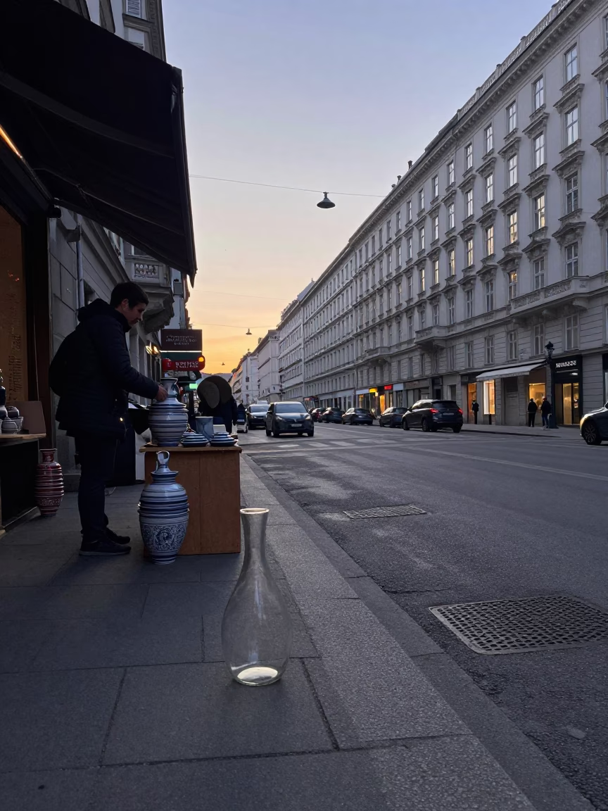 Early Morning Vienna Street Scene with Carafe and Pottery Shard at Dawn in in Vienna, Austria
