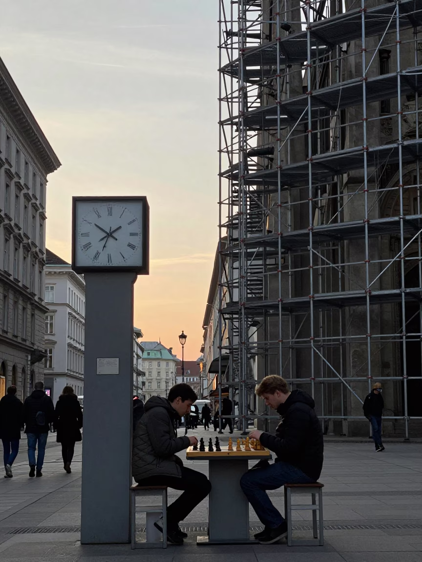 Early Morning Vienna Street Scene with Chess Clock and Scaffold Geometry in in Vienna, Austria