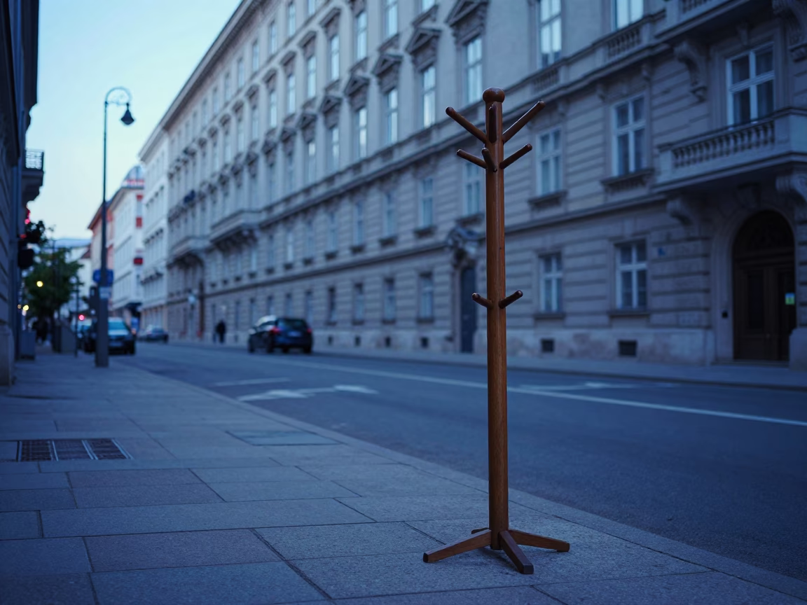 Early Morning Vienna Street Scene with Coat Stand and Apples in in Vienna, Austria