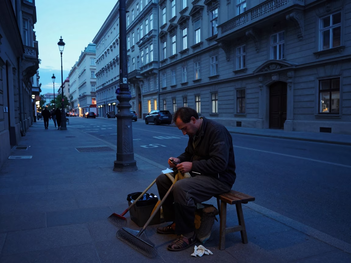 Early Morning Vienna Street Scene with Cobbler and Rake Before Dawn in in Vienna, Austria