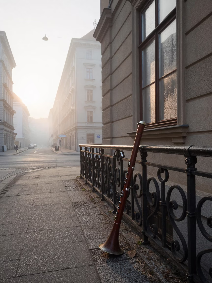 Early Morning Vienna Street Scene with Condensation on Window Frame and Recorder in in Vienna, Austria