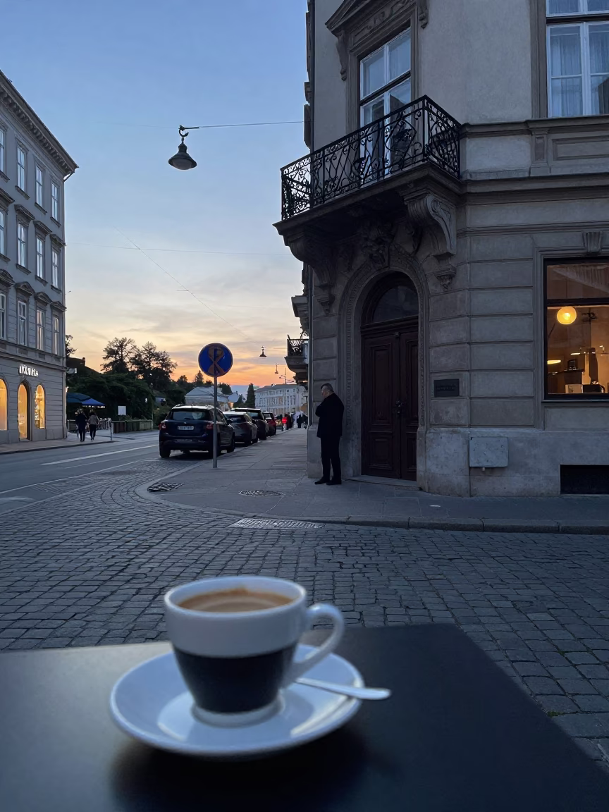 Early Morning Vienna Street Scene with Espresso Cup and Urban Details in in Vienna, Austria