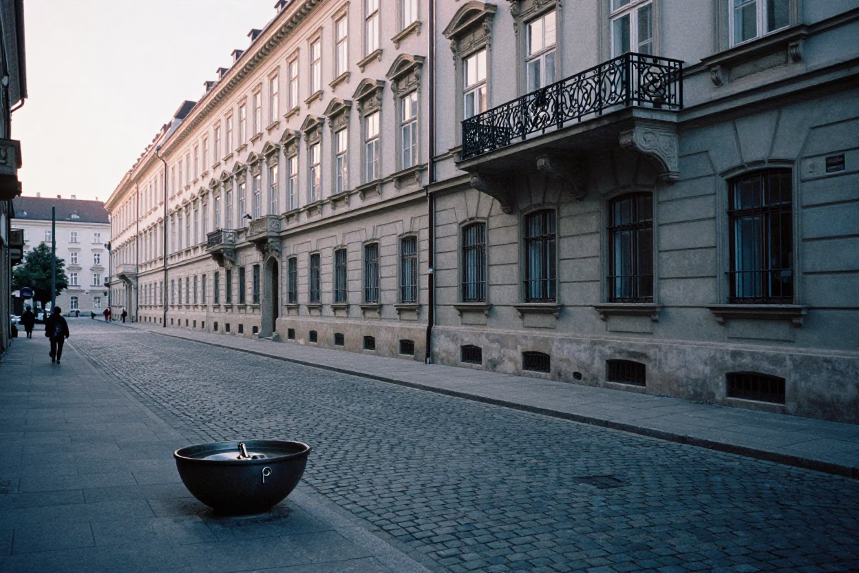 Early Morning Vienna Street Scene with Key Bowl and Padlock on Balcony Railing in in Vienna, Austria
