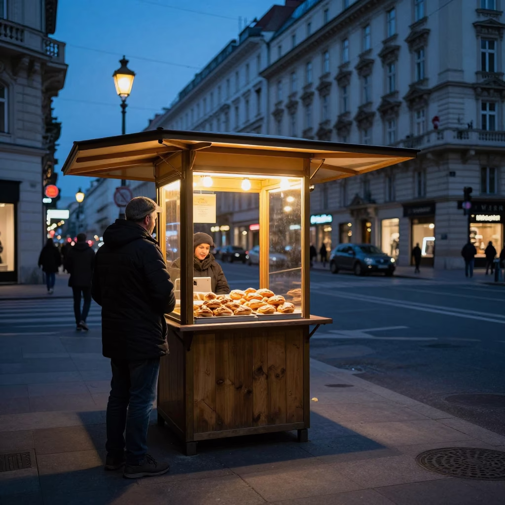 Early Morning Vienna Street Scene with Kiosk Vendor and Pastries in in Vienna, Austria