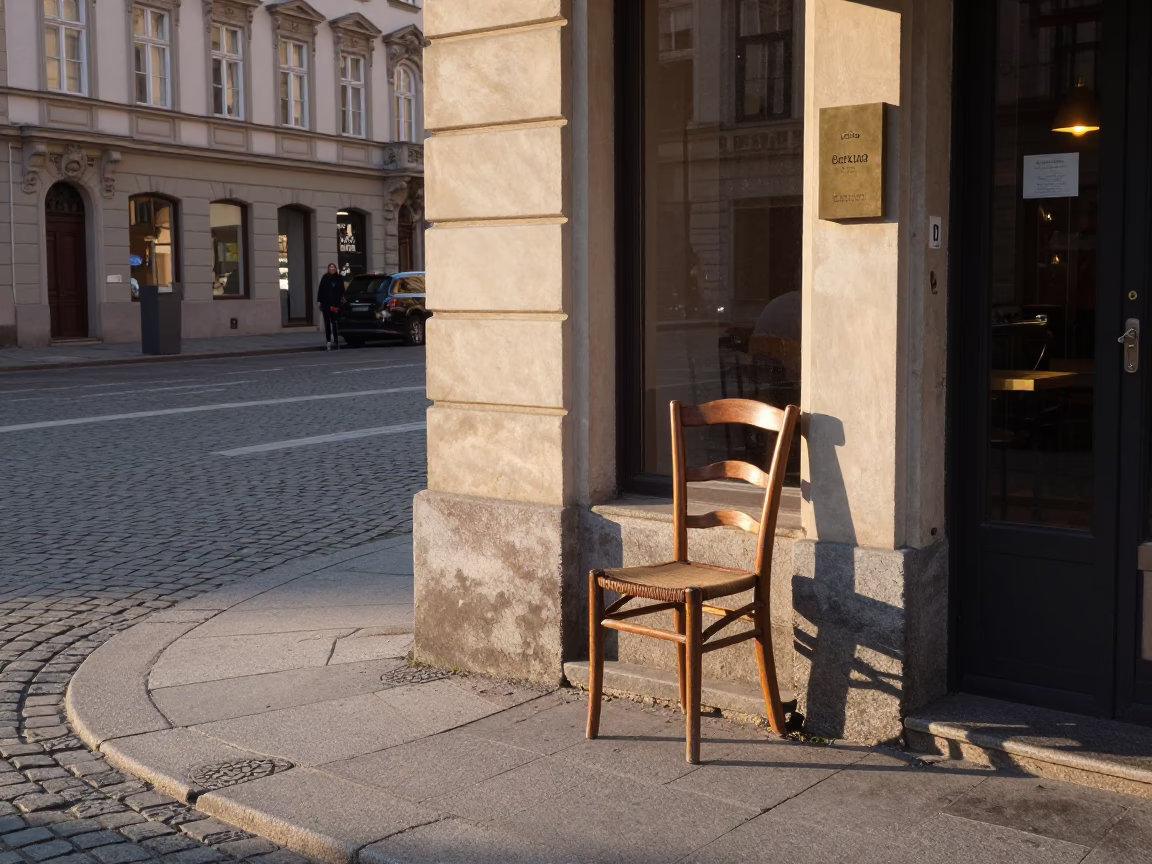 Early Morning Vienna Street Scene with Ladder-Back Chair and Wicker Shadow on Latch in in Vienna, Austria